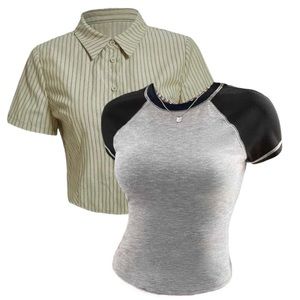 Womens 2pc Bundle Crop Top & Striped Button Up Shirt Size Medium